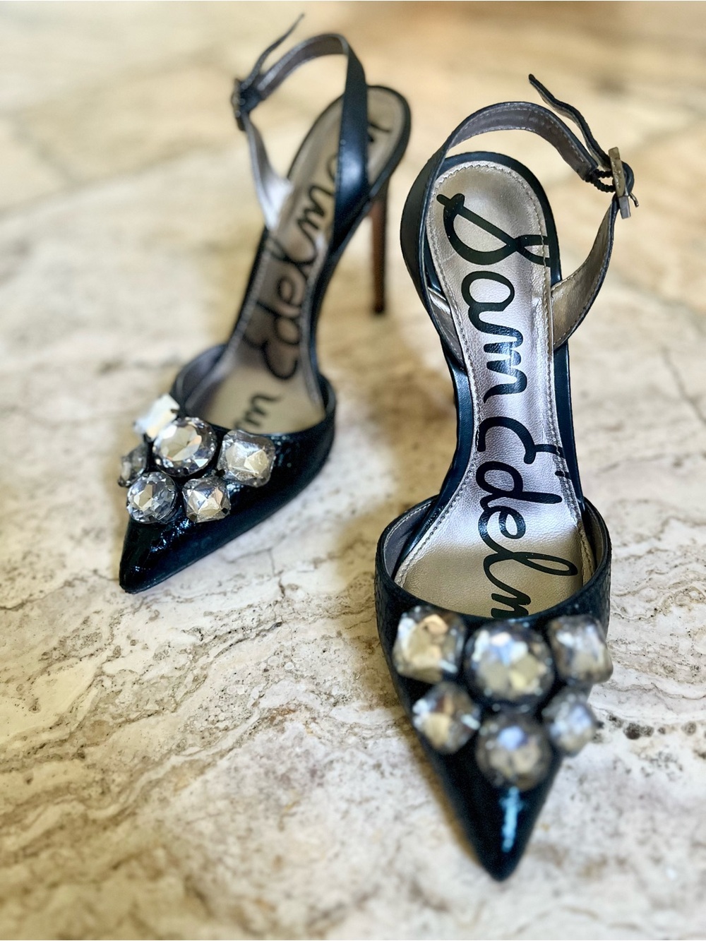 Sam Edelman Black Jeweled Pointed-Toe Slingback Heels, Women Size 6
